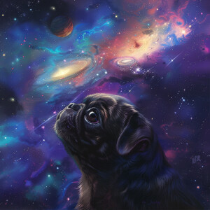 A profile shot of an adorable pug staring up into the solar syst...