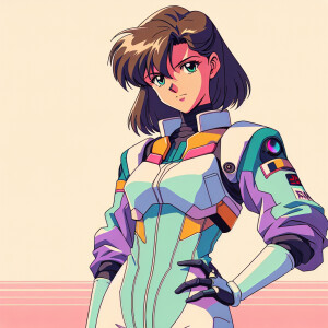 1990s anime screencap, girl a plugsuit, standing with hands on h...