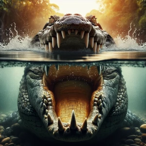 Ultra-realistic, dramatic frontal view of a massive crocodile with its jaws wide open, revealing rows of razor-sharp teeth. The camera is half-submerged, perfectly splitting the image—above the waterline, the crocodile’s intense, piercing eyes stare directly ahead, with water droplets on its rough, scaly skin. Below the waterline, its powerful open mouth is fully visible, showing sharp teeth and a dark throat, with tiny air bubbles escaping. The waterline is sharply defined, creating a split view of the murky underwater world and the bright, natural riverbank scenery above. Sunlight refracts through the water, casting a cinematic glow. Highly detailed, National Geographic photography style, 8K resolution, hyper-realistic textures, dramatic lighting, intense and suspenseful atmosphere."