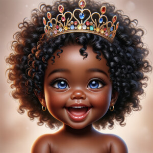 "Create a digital portrait of an adorable african-American baby girl with a joyful expression. She is wearing a gold crown with colorful jewels. Her big, bright blue eyes are wide with wonder, and her tiny mouth is shaped in a happy grin. Her skin has a warm, honey-brown tone, and she has an abundance of thick curly black hair, The background is soft and neutral to keep the focus on her delightful features. The portrait should be vibrant and heartwarming, celebrating the innocence and charm of childhood."