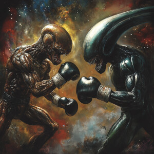 A thrilling matchup unfolds in a galactic arena as two extraterr...