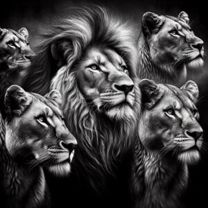 Create a black and white image of a pride of lions, emphasizing...
