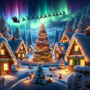 Create an image of a charming Christmas village at dusk blankete...