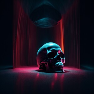 A minimalist skull half-shrouded in darkness, gently rotates tow...