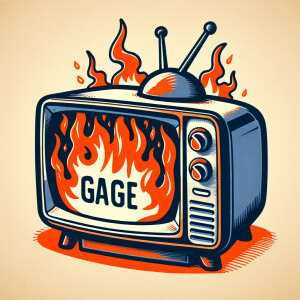 Tube TV with the word “GAG” on the screen on fire cartoon logo