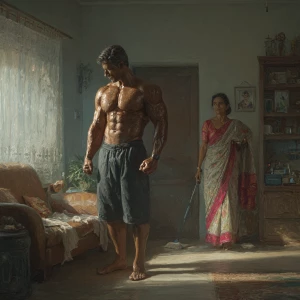 Hyperrealism ,a indian muscular beefy sweaty man exercising i...
