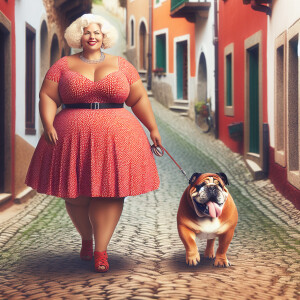 Picture a 300-pound woman in a vibrant red polka dot dress strol...