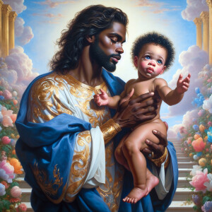 Classical oil painting style depicting an African-American Jesus...