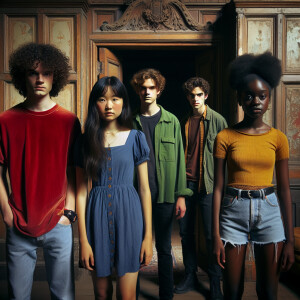 Four teenagers are standing in an abandoned mansion. There's an...