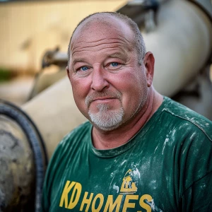 Brian Nobles a real 57 year old obese fat older Caucasian male who is using  a concrete mixer, he is a  pump operator holding the hose which carries the liquid concrete to the foundation pour, Brian is slowly  beginning his transition into his old age, Brian Nobles is beginning to look like a older fat obese man, he has large reflective blue eyes and a wrinkled brow,Brian has a grey beard and is now bald , prominent large protruding round fat obese belly,,thick white goatee beard,decreased muscle mass ,very noticeable male pattern balding hairline, Brian Nobles now has a  prominent receding and thinning male hairline (onset male pattern baldness), slightly fat overweight(Caucasian)wearing tight body conforming  glossy satin shiny green and gold tight fitting body conforming UnderArmour athletic bodysuit,emblazoned with the "KD HOMES" real estate logo, standing confidently in front of a newly completed constructed new KD HOME in Victorville California in a raw desert landscape. Brian has an aged protruding fat obese muscular physique, large male bulge, fat obese muscular frame , shows a substantial frame with a noticeable mature hairline and expressive eyes. His now aged workman’s  pose should reflect his years of  experience and hard labor in his trade.