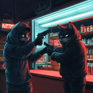 Anthropomorphic gangster cats in hoodies and ski masks robbing a...
