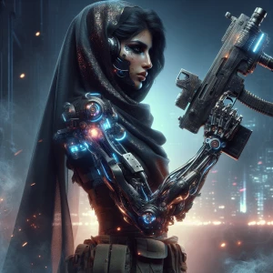 "A futuristic cybernetic woman with a sleek, high-tech prostheti...