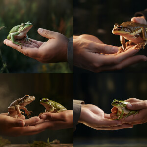 handshake, a man squeezes a paw of a small beautiful frog, reali...
