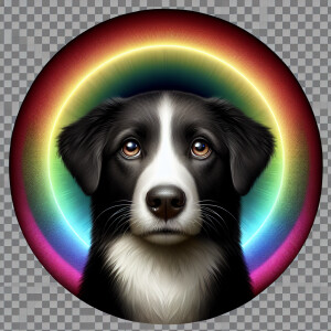 Create an image of a black and white dog head with big brown eye...