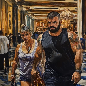 realistic painting 1:1,A sweaty beefy man walking with his 54 ye...