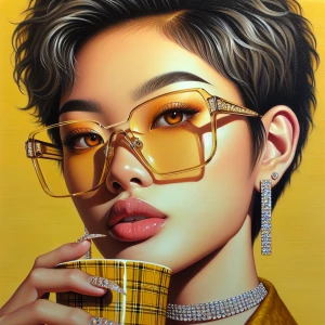 a close-up acrylic painting of a confident woman with a short, t...