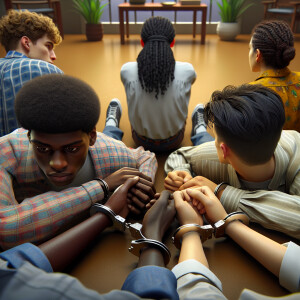 ultra-realistic image of 4 white male teens handcuffed laying fa...