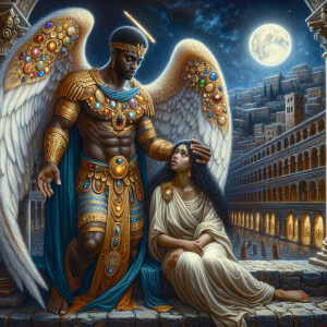 Create an oil painting image featuring a male angel and a grievi...