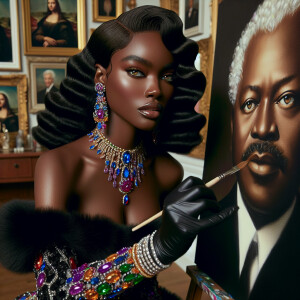 In a high-class, elegantly decorated studio, a very light-skinne...