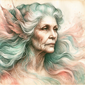 A gracefully aging siren, her ethereal form appearing weathered...