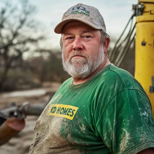 Brian Nobles a real 57 year old obese fat older Caucasian male who is using  a concrete mixer, he is a  pump operator holding the hose which carries the liquid concrete to the foundation pour, Brian is slowly  beginning his transition into his old age, Brian Nobles is beginning to look like a older fat obese man, he has large reflective blue eyes and a wrinkled brow,Brian has a grey beard and is now bald , prominent large protruding round fat obese belly,,thick white goatee beard,decreased muscle mass ,very noticeable male pattern balding hairline, Brian Nobles now has a  prominent receding and thinning male hairline (onset male pattern baldness), slightly fat overweight(Caucasian)wearing tight body conforming  glossy satin shiny green and gold tight fitting body conforming UnderArmour athletic bodysuit,emblazoned with the "KD HOMES" real estate logo, standing confidently in front of a newly completed constructed new KD HOME in Victorville California in a raw desert landscape. Brian has an aged protruding fat obese muscular physique, large male bulge, fat obese muscular frame , shows a substantial frame with a noticeable mature hairline and expressive eyes. His now aged workman’s  pose should reflect his years of  experience and hard labor in his trade.