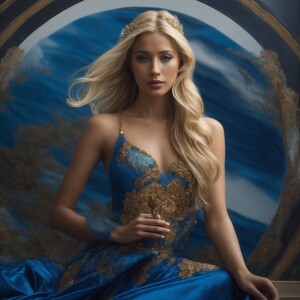 Create a full-length portrait of a woman with flowing blonde hai...