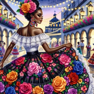 A detailed digital watercolor  illustration of a beautiful Afro Latina woman in a vibrant traditional Mexican folkloric dress dances gracefully in a lively, festive street. The dress has an off-shoulder white lace top and a voluminous, multicolored skirt adorned with intricate floral embroidery, bold roses, & detailed patterns. Her dark hair is elegantly styled in an updo, decorated with bright flowers matching her dress. Background showcases a picturesque colonial-style town illuminated by warm, glowing lanterns & string lights. The cobblestone street is lined with flower-filled balconies & lampposts, with people enjoying the festive atmosphere. The setting exudes a magical, celebratory ambiance, rich in color & culture.