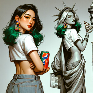 The Statue of Liberty extremely overweight, holding a slice of p...