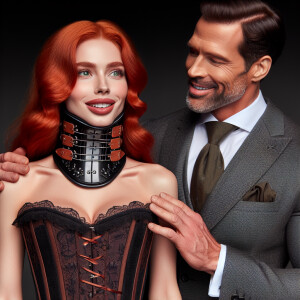 A woman with ginger hair and pale skin stands wearing a neck pos...