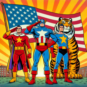 Superman and captain America and a tiger saluting the American f...