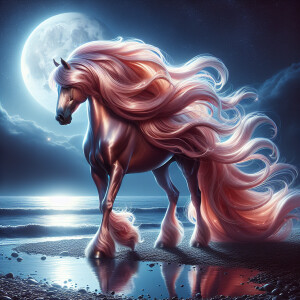 Prompt: a pinkish golden stallion, wild, majestic, with shiny co...