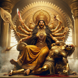portrait of angry looking goddess durga sitting on a gold crown...