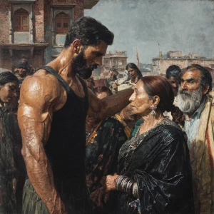 Hyperrealism,sharp painting. a muscular, sweaty criminal man  gr...
