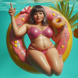 Design an ultra-realistic image of a petite, curvy woman with to...