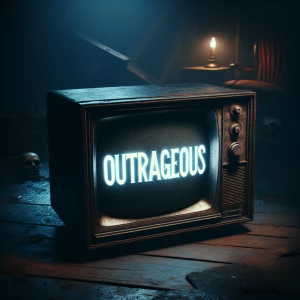 A tube tv in a scary environment that says the word “OUTRAGEOUS”...