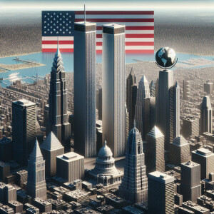 Create an aerial view of New York City with the Twin Towers and...