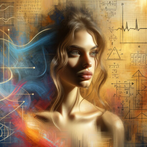 Abstract, minimalist, painting, with pencil line, paint stroke, gestures, colorful marks, mathematical equations, electrical cardiogram, printouts complex math formulas, dna asian teen girl