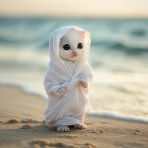 A white kitten with black eyes wearing a white Arabic Islamic ro...