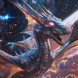 A space dragon with cosmic scales, glowing with the light of gal...