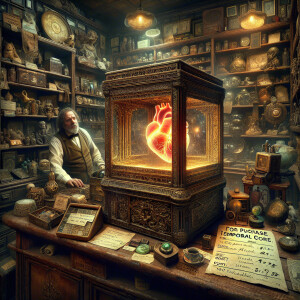 "Illustrate a dusty, dimly-lit antique shop with shelves clutter...