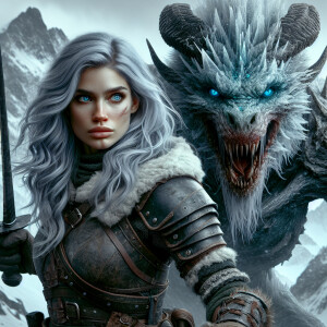 A beautiful huntress from the “Monster Hunter” series with dark...