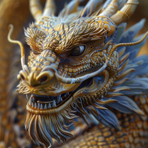 Mythical  Chinese dragon with the colors gold, white and blue as...