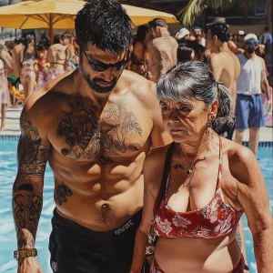 hyperrealistic painting 1:1,a muscular, tattooed, and pierced ma...