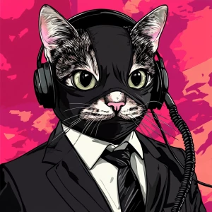 A cat dressed in a formal outfit, featuring a black suit, white...