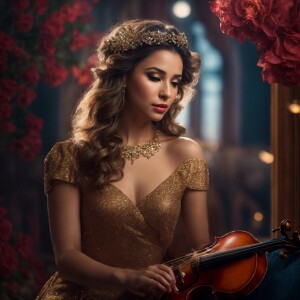 A young female D&D elf bard playing the violin