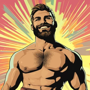 White muscular thin man with beard, big chin, smile and cheekbon...