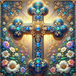 Create an image of a majestic cross, larger in size, with a harm...