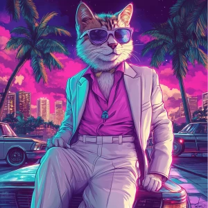 A pastel-colored Shiba cat in a Miami Vice outfit – white suit,...