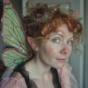 Me as a fairy! A light haired ginger woman, wearing pink, green,...