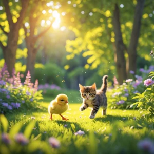 Describe a scene on a sunny summer day in a vibrant, green garde...